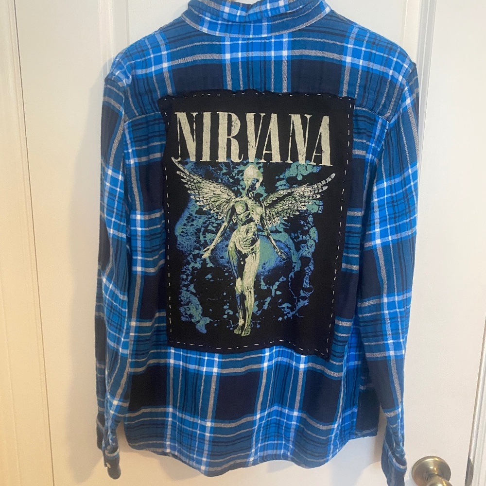 Nirvana Flannel Shirt Mens Large Upcycled Black Flannel Plaid Grunge 90's Band